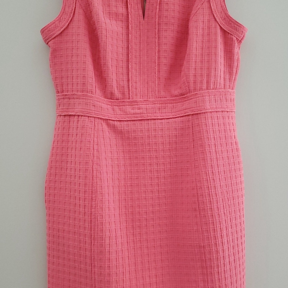 Liz Claiborne Midi Sheath Dress 8 Pink Basketweave Pockets Lined Work Office - Picture 3 of 16